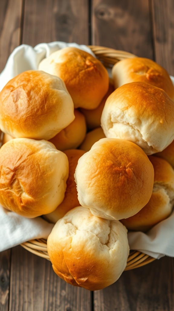 Soft Bread Machine Dinner Rolls Recipe A basket of freshly baked soft dinner rolls on a rustic wooden table.